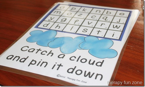 cloud bowling: cloud games including a book, clothespin game, writing, and craft.