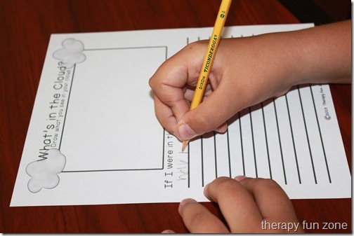 cloud games including a book, clothespin game, writing, and craft.