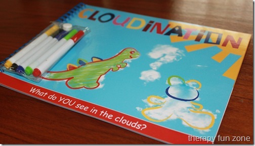 cloud games including a book, clothespin game, writing, and craft.